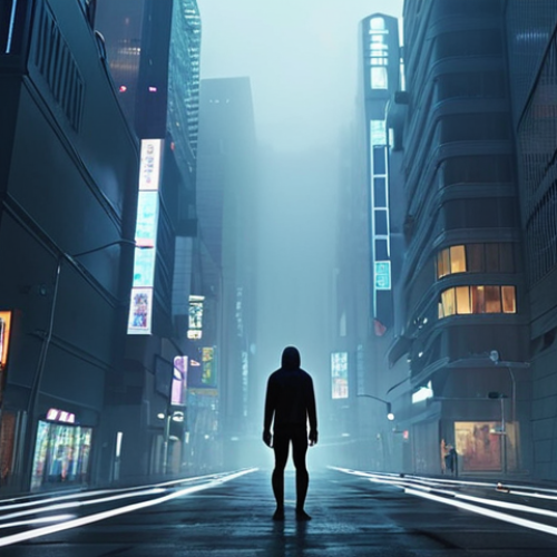 **Prompt 1:** A lone figure stands amidst a dense, swirling fog in a modern city, illuminated by a faint, overwhelming digital glow from screens and data streams. The person's expression conveys a sense of vague anxiety and feeling lost, surrounded by blurred shapes and indistinct paths, symbolizing the "uncertainty" (漠然とした不安) of contemporary society and information overload. Emphasize emptiness and seeking.