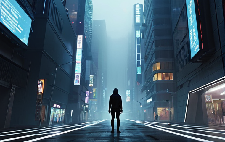 **Prompt 1:** A lone figure stands amidst a dense, swirling fog in a modern city, illuminated by a faint, overwhelming digital glow from screens and data streams. The person's expression conveys a sense of vague anxiety and feeling lost, surrounded by blurred shapes and indistinct paths, symbolizing the "uncertainty" (漠然とした不安) of contemporary society and information overload. Emphasize emptiness and seeking.