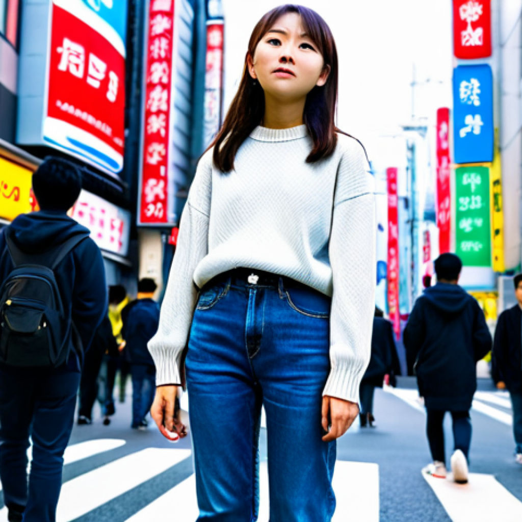 **
A young Japanese woman, fully clothed in casual yet stylish street fashion (jeans, a comfortable sweater, sneakers), standing in a vibrant, bustling Tokyo street filled with colorful signs and people. She is looking upwards with a thoughtful expression, as if contemplating her future path. Background is slightly blurred to emphasize the subject. Safe for work, appropriate content, perfect anatomy, natural proportions, family-friendly, professional quality.
**