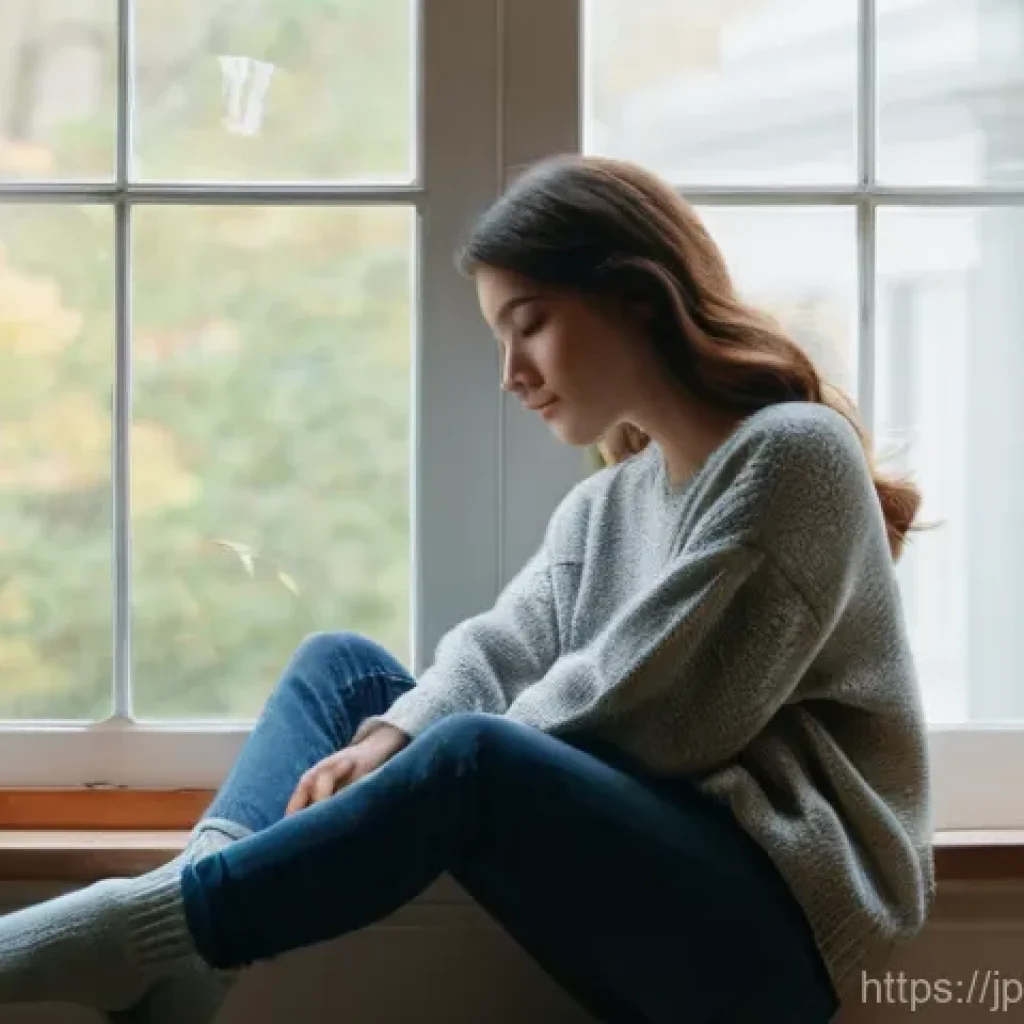 인생의 전환점을 통한 목적 발견 - **A young woman in her mid-twenties, dressed in a comfortable, oversized knit sweater and soft denim...