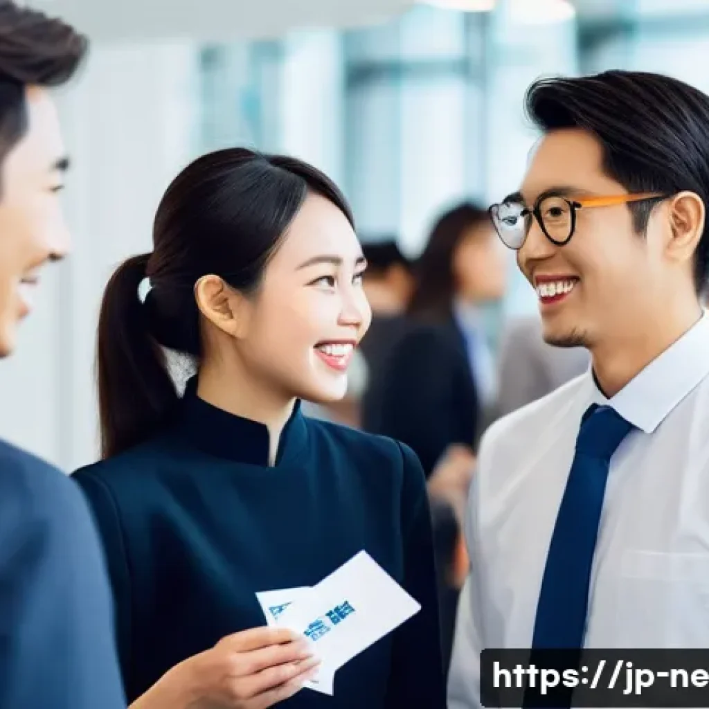 목적을 찾기 위한 네트워킹의 중요성 - A diverse group of professionals from various industries engaging in a lively networking event, exch...