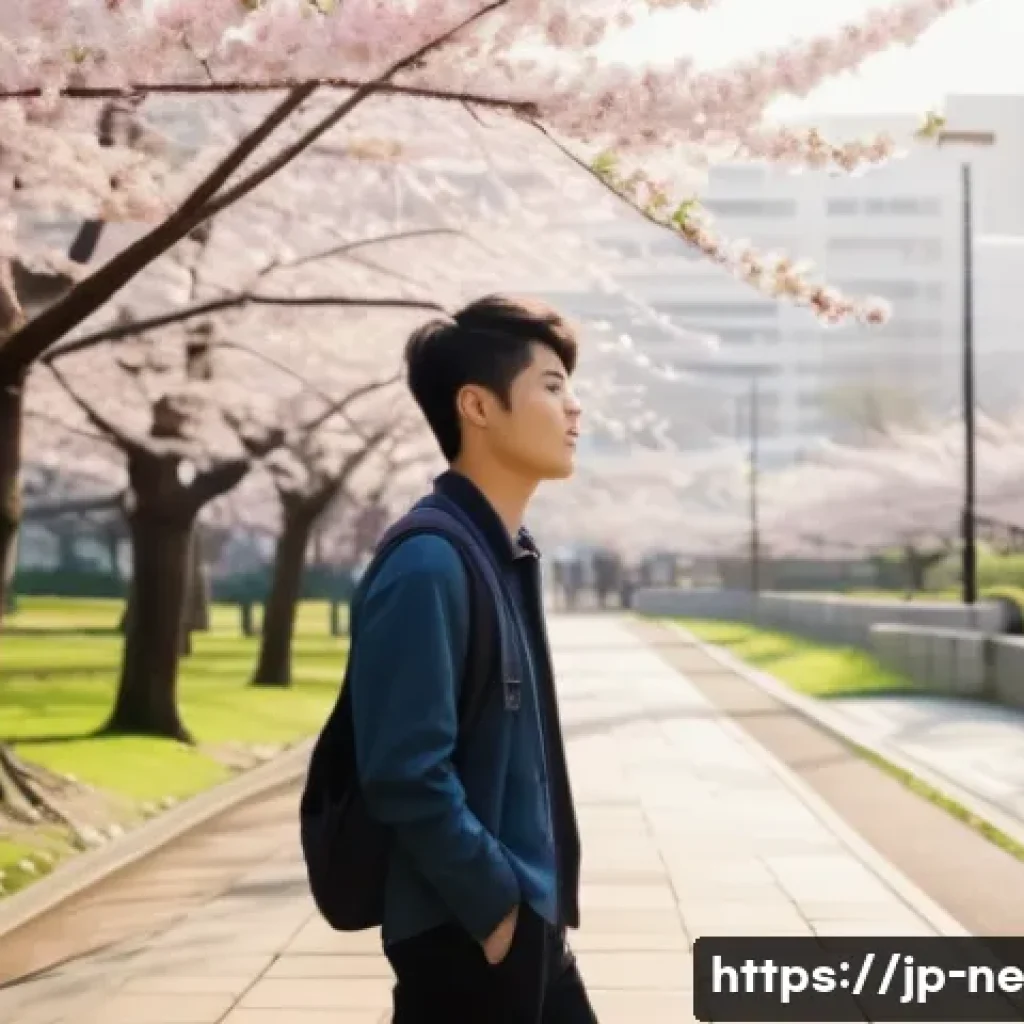 삶의 목표를 재조정하는 방법 - A serene scene of a young Japanese man in casual modern clothes taking a leisurely walk in a quiet u...