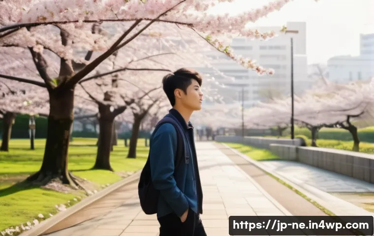 삶의 목표를 재조정하는 방법 - A serene scene of a young Japanese man in casual modern clothes taking a leisurely walk in a quiet u...