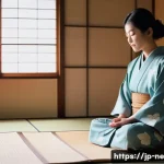 자아 성찰을 통한 삶의 방향 정리하기 - A serene Japanese woman in her late 20s sitting peacefully on a tatami mat floor by a shoji window, ...