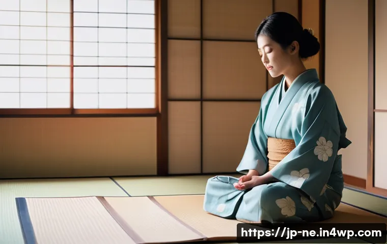 자아 성찰을 통한 삶의 방향 정리하기 - A serene Japanese woman in her late 20s sitting peacefully on a tatami mat floor by a shoji window, ...
