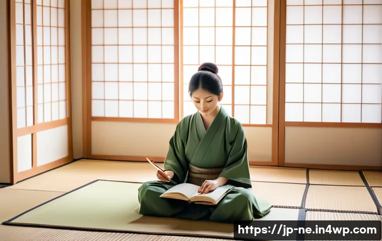 삶의 목적 찾기와 인생 계획 세우기 - A serene Japanese-style room bathed in soft natural light, featuring a young Japanese woman sitting ...
