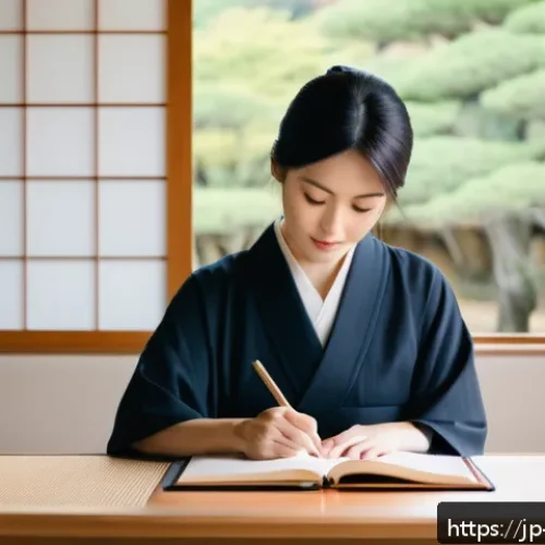 자신의 삶을 돌아보며 목표 설정하기 - A serene Japanese woman in her 30s sitting at a tidy wooden desk by a large window with soft natural...