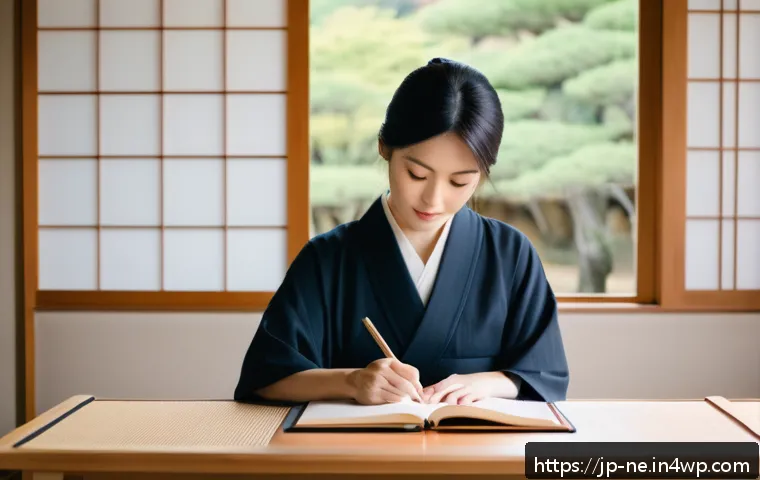 자신의 삶을 돌아보며 목표 설정하기 - A serene Japanese woman in her 30s sitting at a tidy wooden desk by a large window with soft natural...