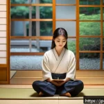 자기 이해를 통한 목적 인식 - A serene Japanese-style room at dusk with soft warm lighting, where a young Japanese woman in casual...