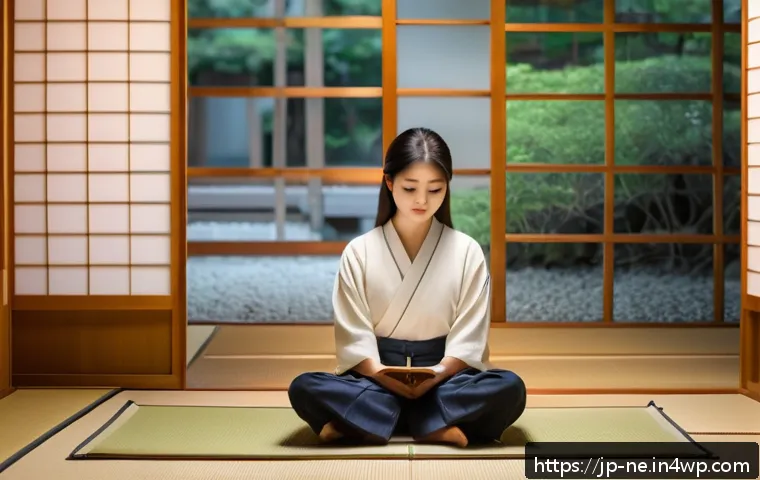 자기 이해를 통한 목적 인식 - A serene Japanese-style room at dusk with soft warm lighting, where a young Japanese woman in casual...