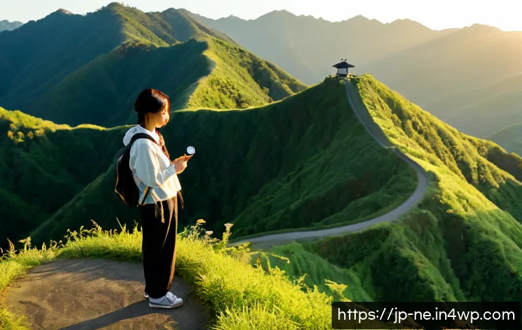 자아 발견을 통한 삶의 목적 정립 - Photorealistic sunrise scene of a thoughtful Japanese adult standing on a quiet hilltop overlook, ho...